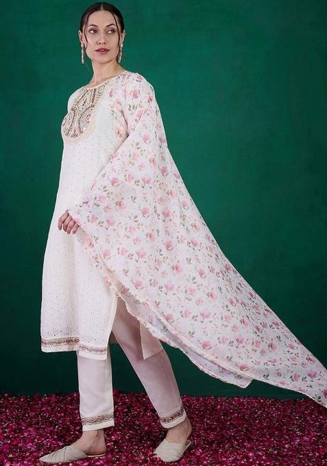 White Embroidered Chanderi Salwar Kameez With Dupatta