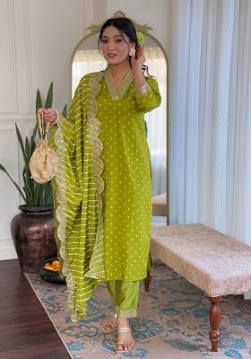 Lime Green Embroidered Viscose Salwar Kameez With Dupatta