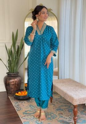 Petrol Blue Embroidered Viscose Salwar Kameez With Dupatta