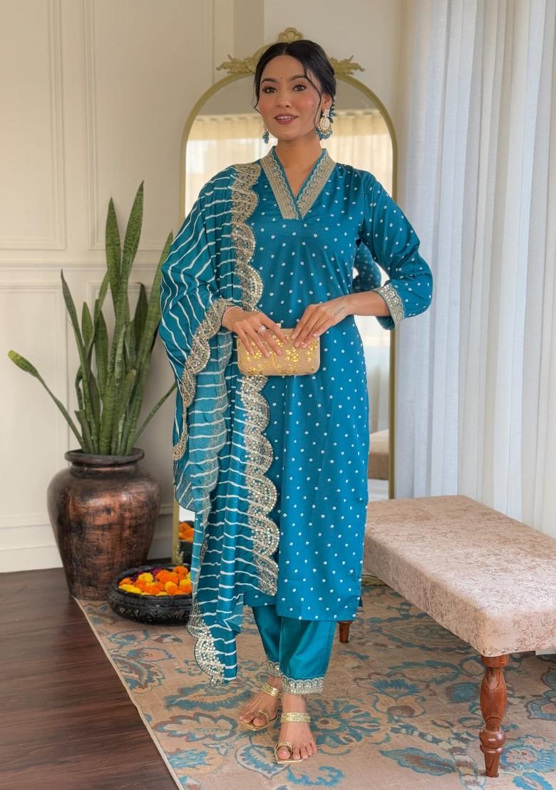 Petrol Blue Embroidered Viscose Salwar Kameez With Dupatta