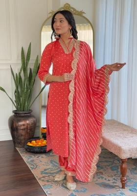 Red Embroidered Viscose Salwar Kameez With Dupatta