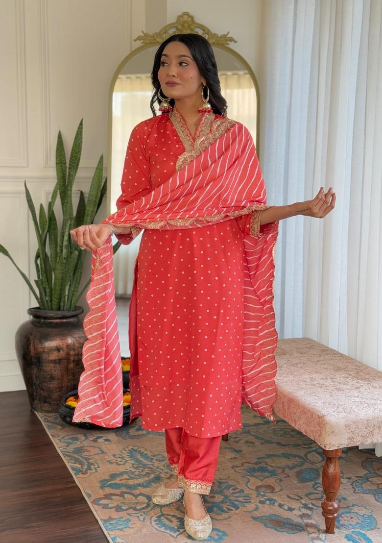 Red Embroidered Viscose Salwar Kameez With Dupatta