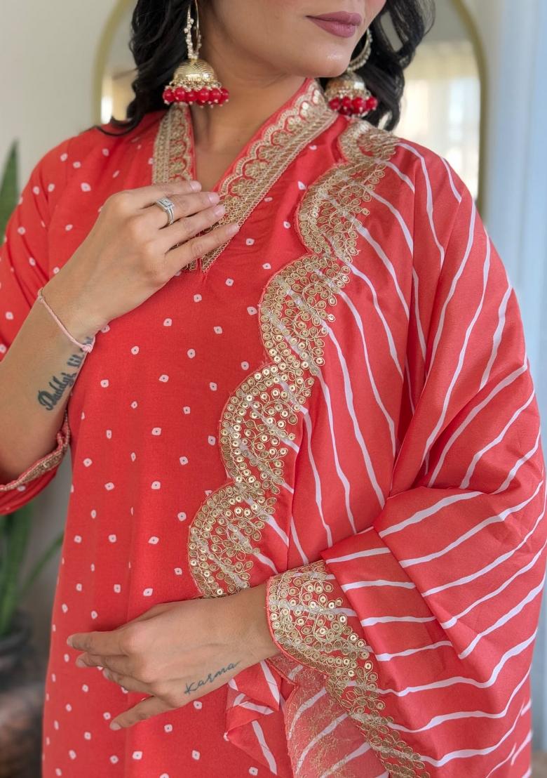 Red Embroidered Viscose Salwar Kameez With Dupatta