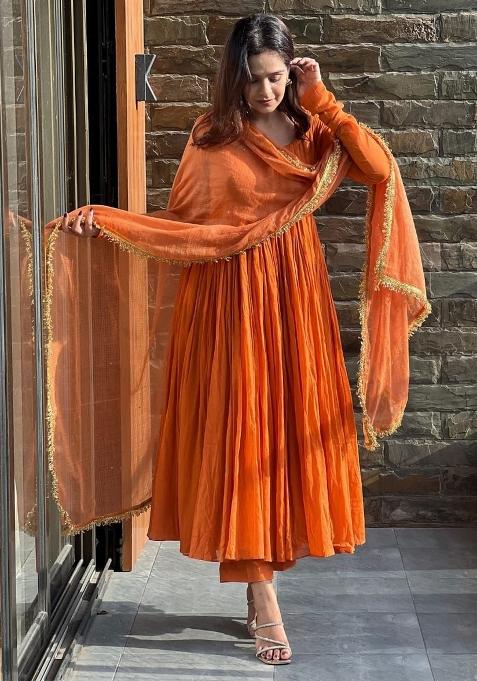 Orange Embroidered Chanderi Anarkali Set With Dupatta