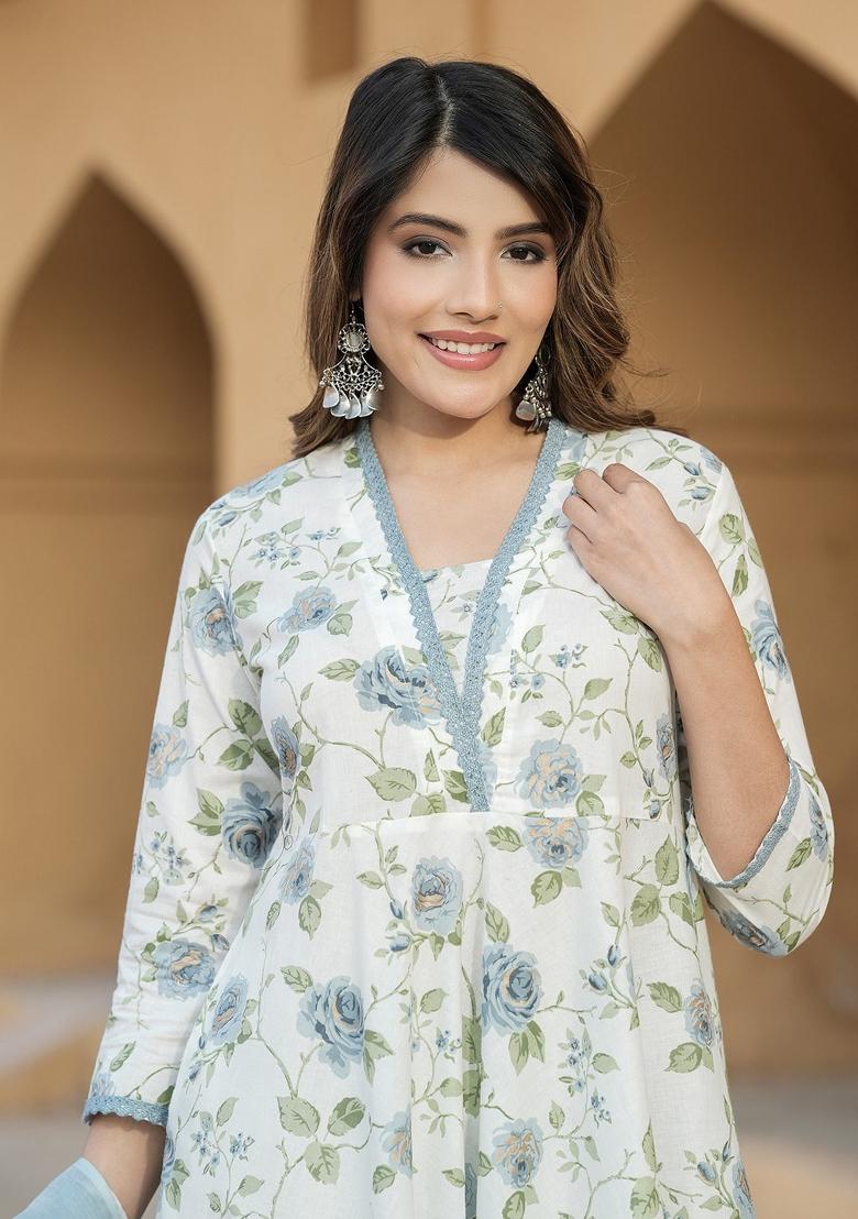 Rama Green Embroidered Cotton Salwar Kameez With Dupatta