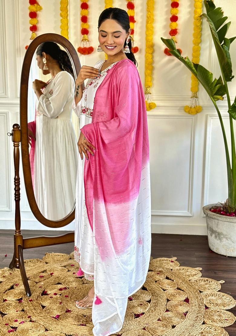 White Embroidered Chanderi Salwar Kameez With Dupatta