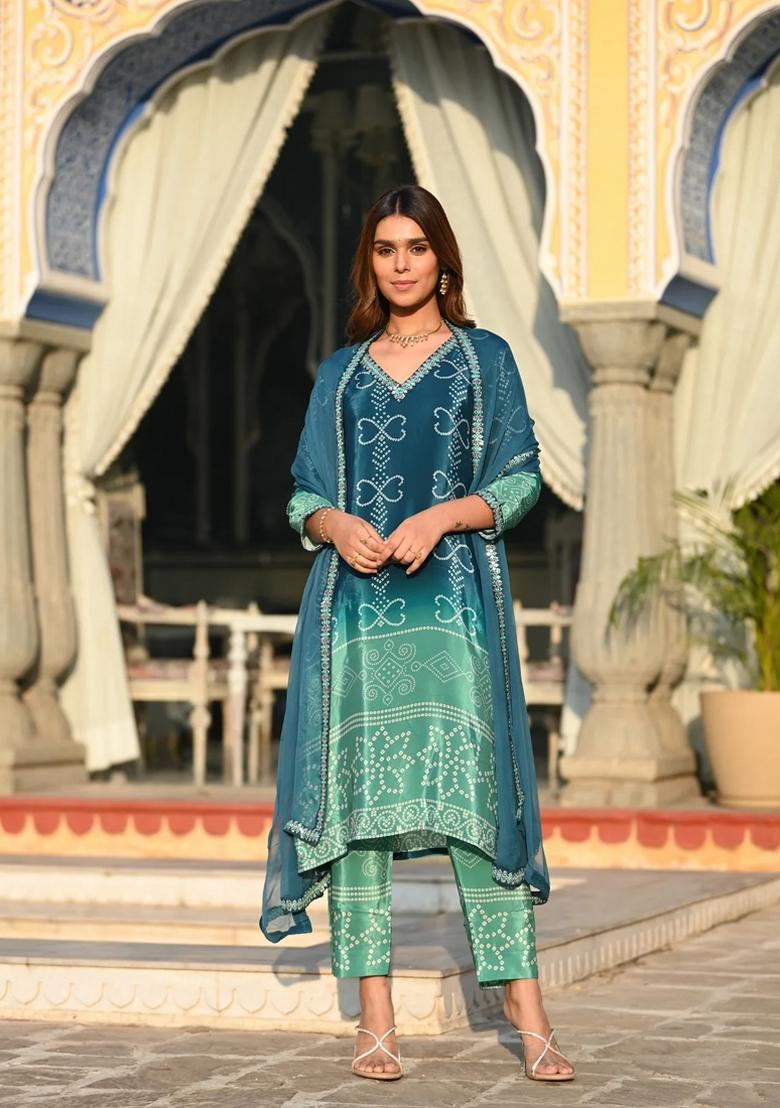 Rama Green Embroidered Chinon Salwar Kameez With Dupatta