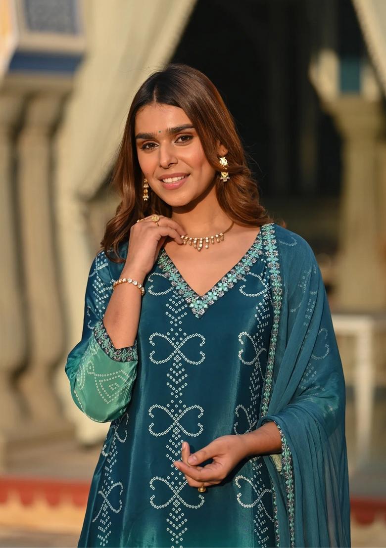 Rama Green Embroidered Chinon Salwar Kameez With Dupatta