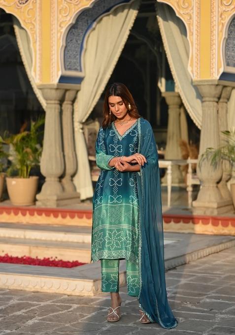 Rama Green Embroidered Chinon Salwar Kameez With Dupatta