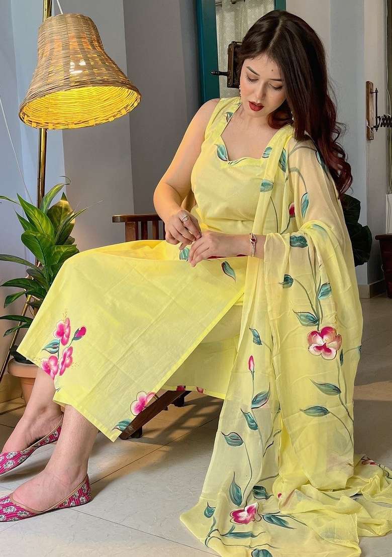 Yellow Embroidered Georgette Straight Kurta Set - Indya