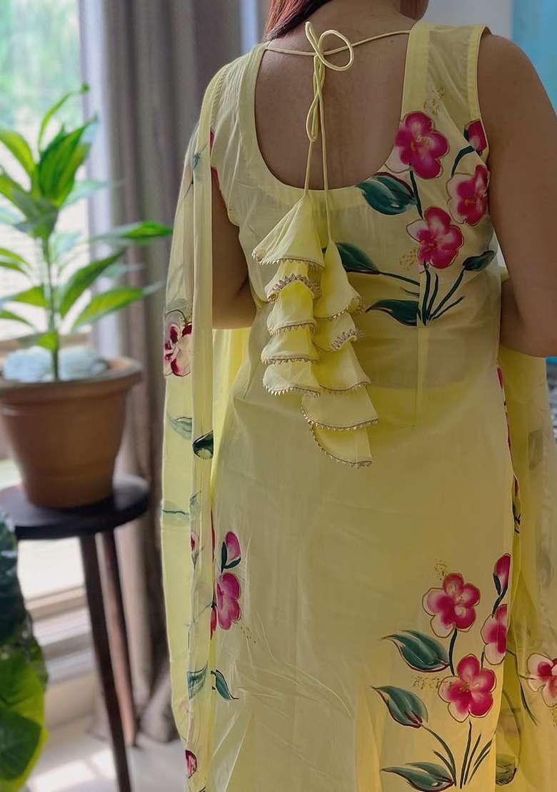 Yellow Embroidered Georgette Straight Kurta Set - Indya