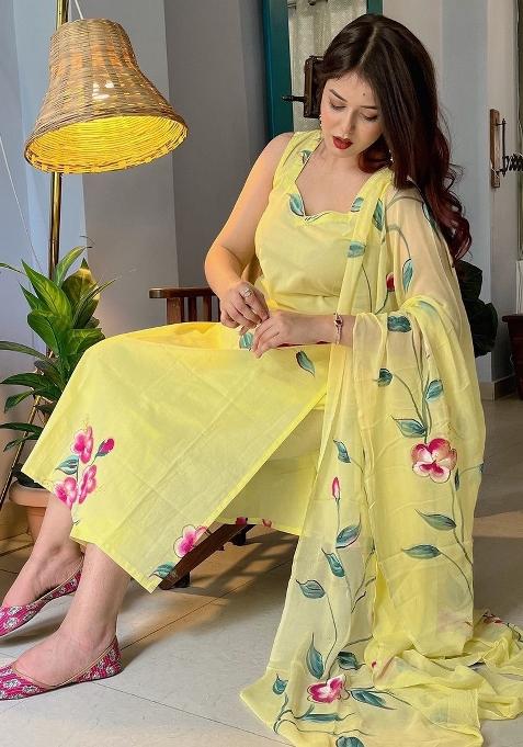 Yellow Embroidered Georgette Salwar Kameez With Dupatta