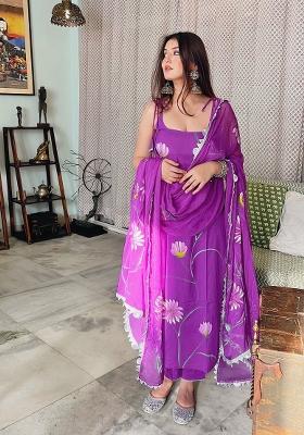 Purple Embroidered Georgette Salwar Kameez With Dupatta