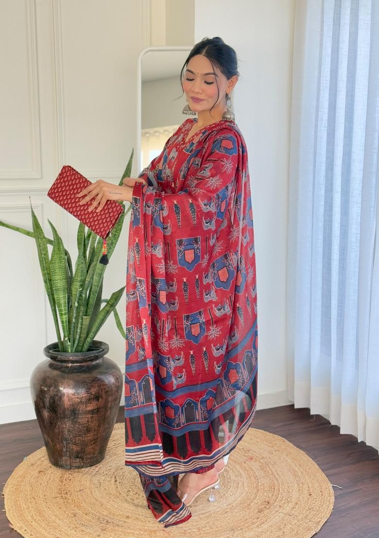 Red Embroidered Chanderi Salwar Kameez With Dupatta