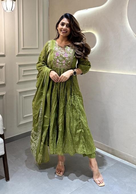 Green Embroidered Cotton Salwar Kameez With Dupatta