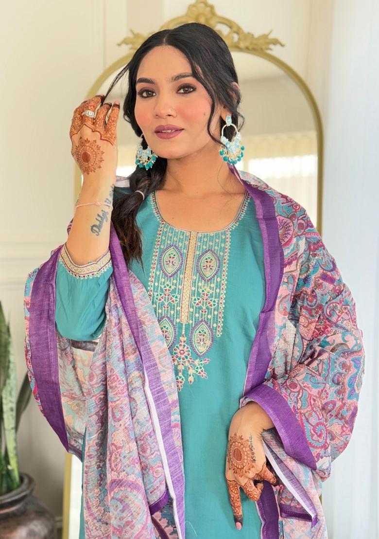 Blue Embroidered Chanderi Salwar Kameez With Dupatta
