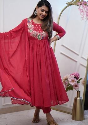 Maroon Embroidered Chinon Salwar Kameez With Dupatta