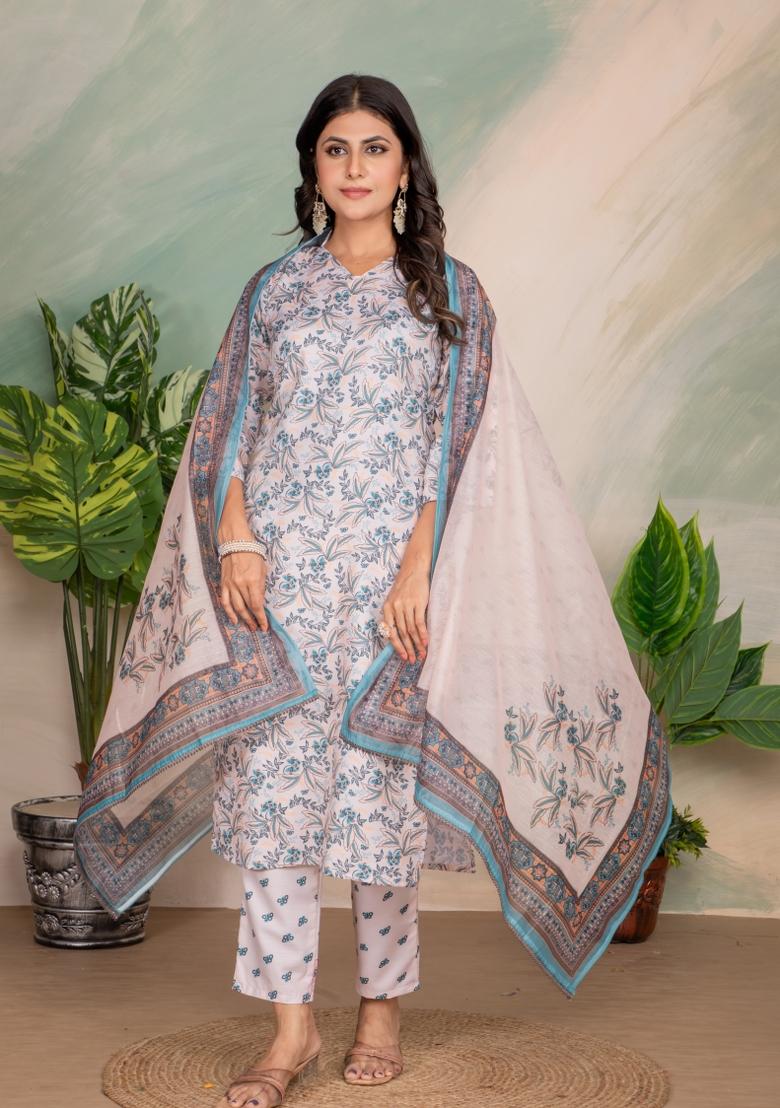 Blue Embroidered Chanderi Salwar Kameez With Dupatta