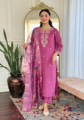 Purple Embroidered Chanderi Salwar Kameez With Dupatta