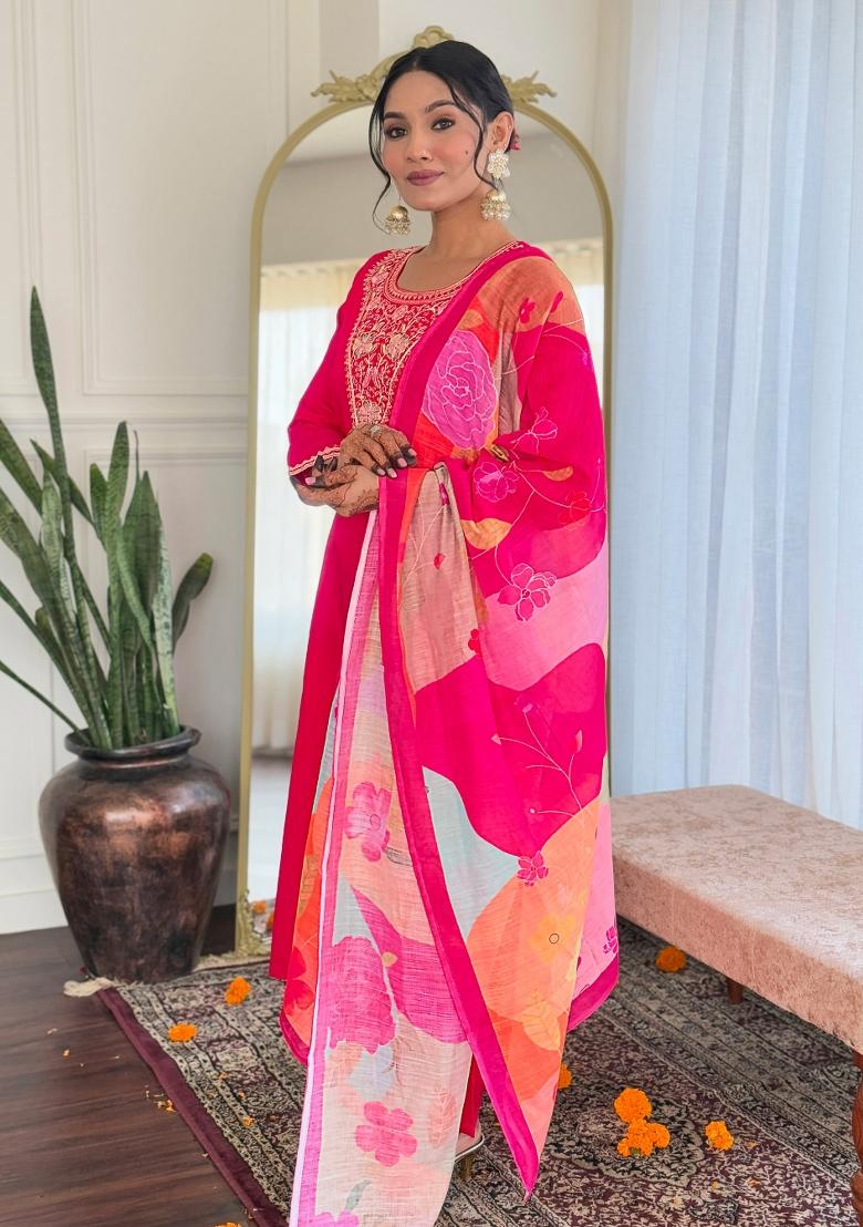 Red Embroidered Chanderi Salwar Kameez With Dupatta