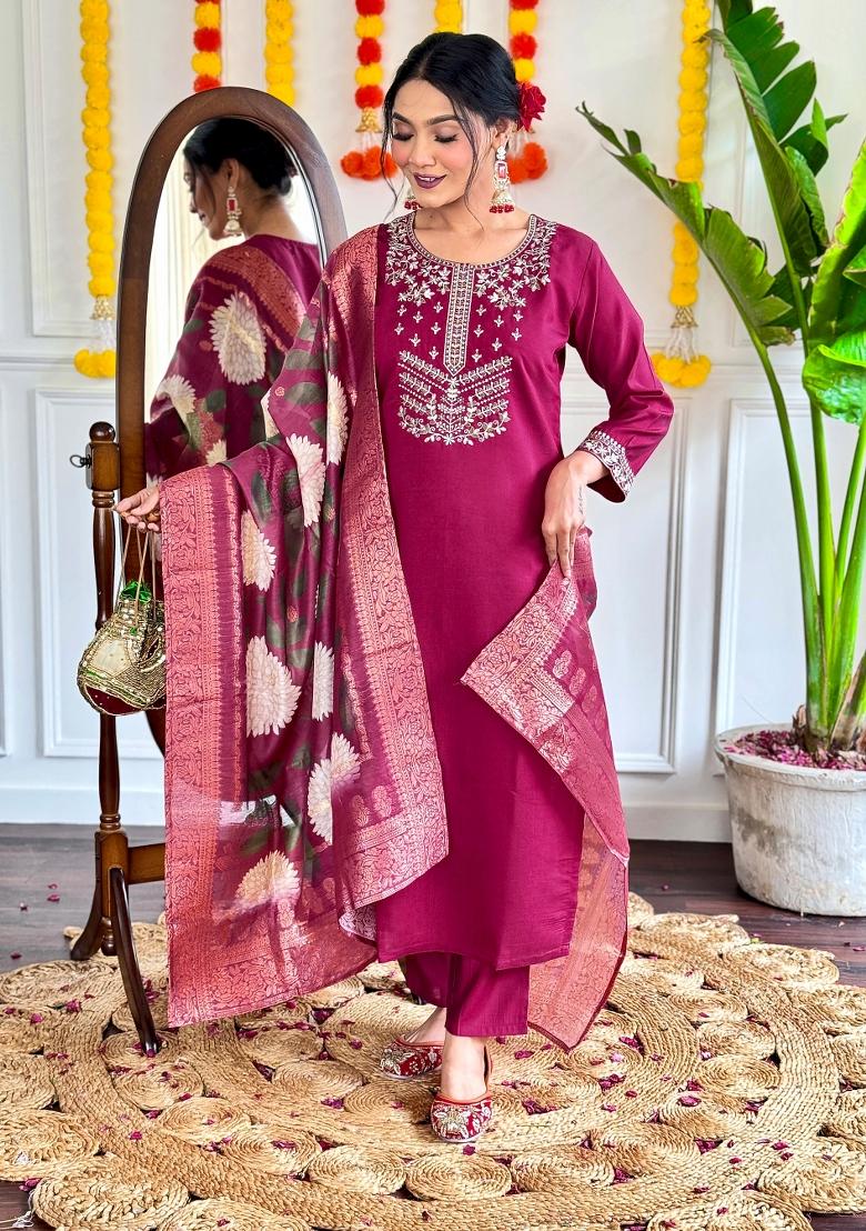 Purple Embroidered Chanderi Salwar Kameez With Dupatta