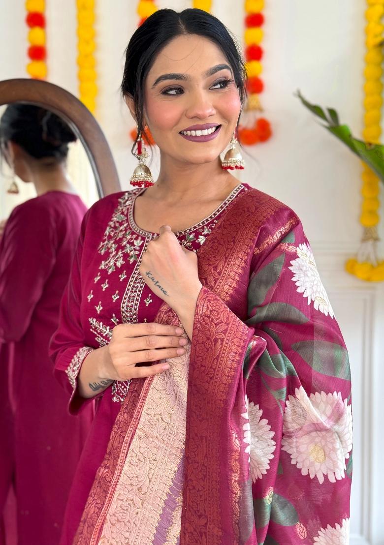 Purple Embroidered Chanderi Salwar Kameez With Dupatta