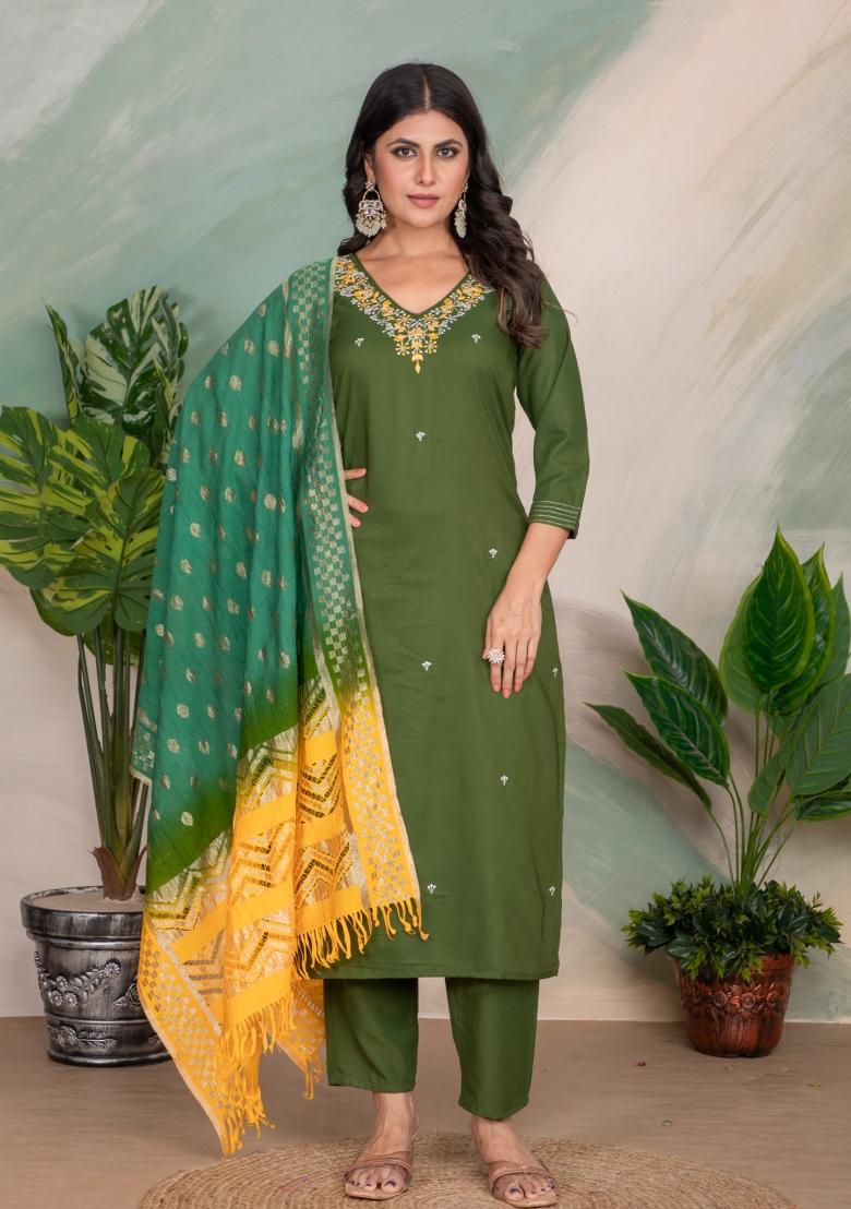 Green Embroidered Chanderi Salwar Kameez With Dupatta