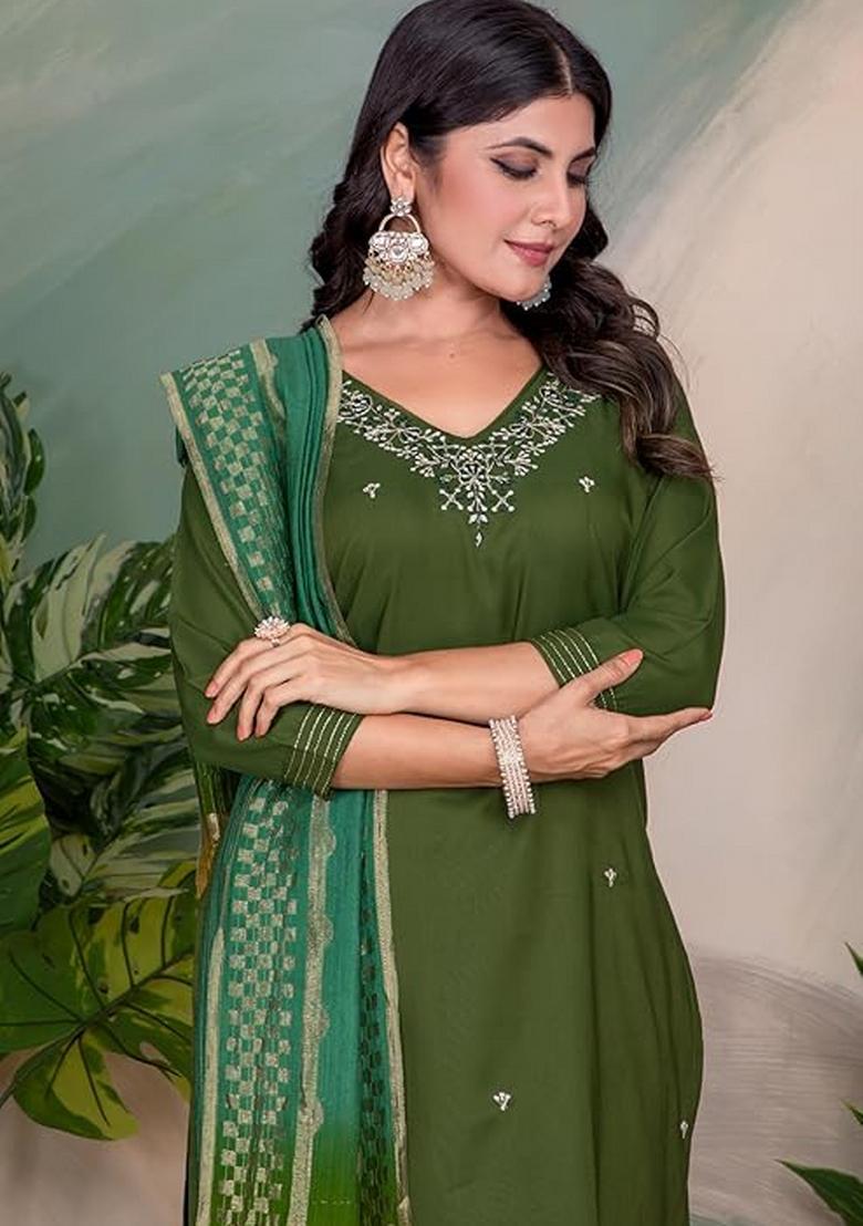 Green Embroidered Chanderi Salwar Kameez With Dupatta