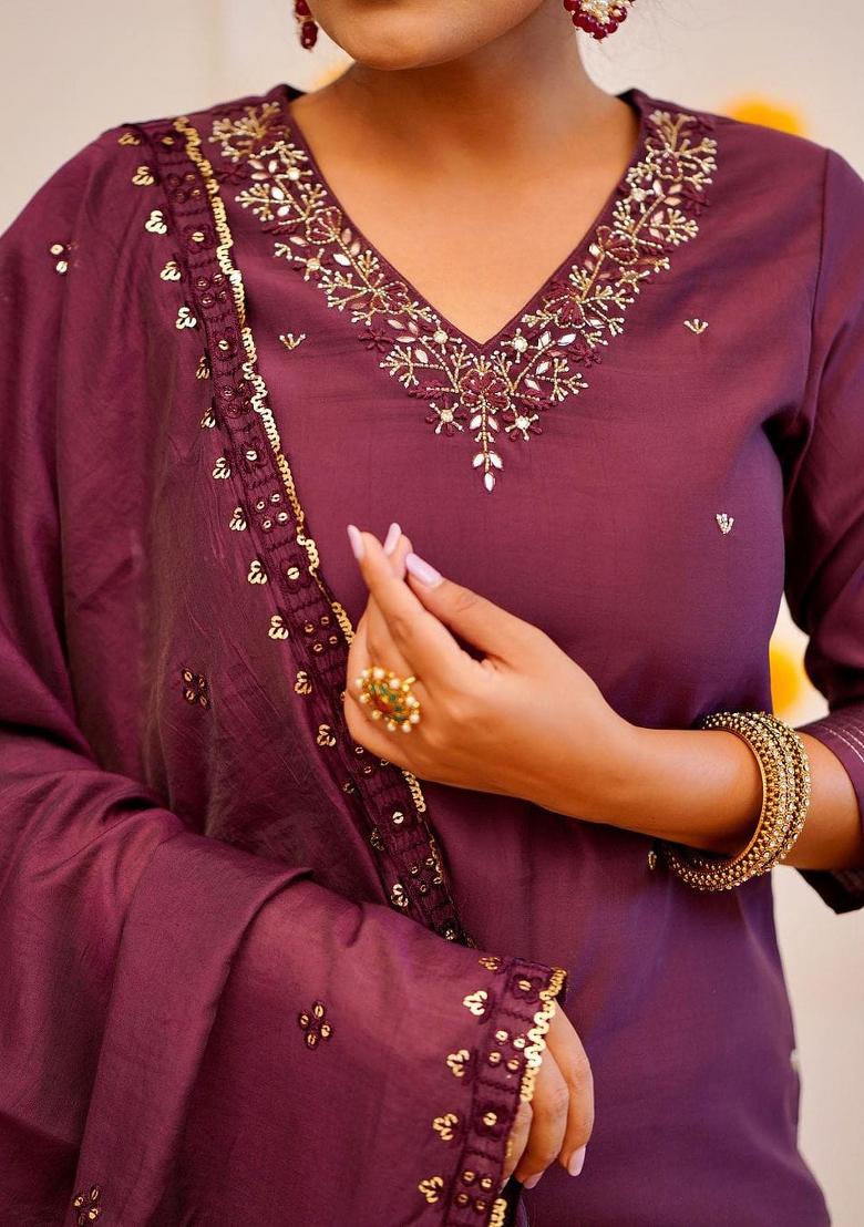 Purple Embroidered Chanderi Salwar Kameez With Dupatta