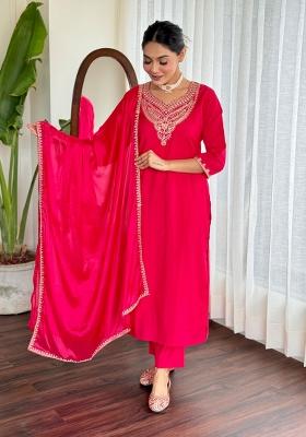 Red Embroidered Chanderi Salwar Kameez With Dupatta