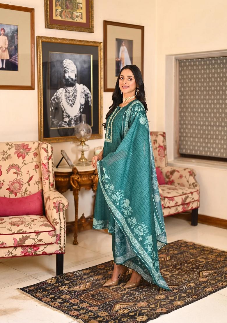 Rama Green Embroidered Chanderi Salwar Kameez With Dupatta