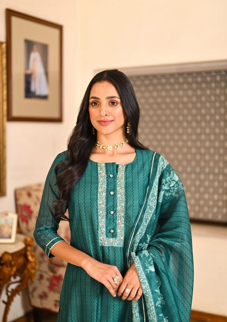 Rama Green Embroidered Chanderi Salwar Kameez With Dupatta