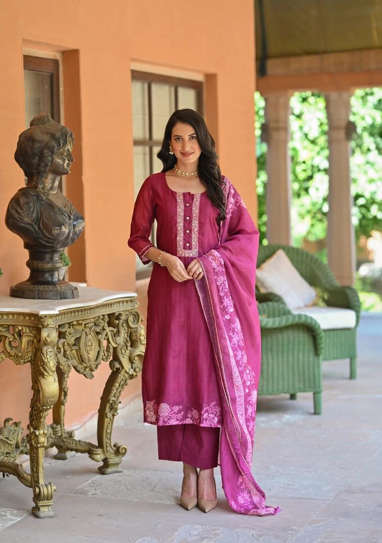 Pink Embroidered Chanderi Salwar Kameez With Dupatta