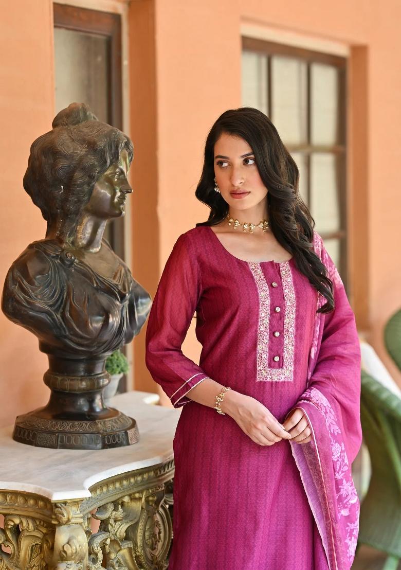 Pink Embroidered Chanderi Salwar Kameez With Dupatta