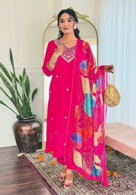 Red Embroidered Chanderi Salwar Kameez With Dupatta