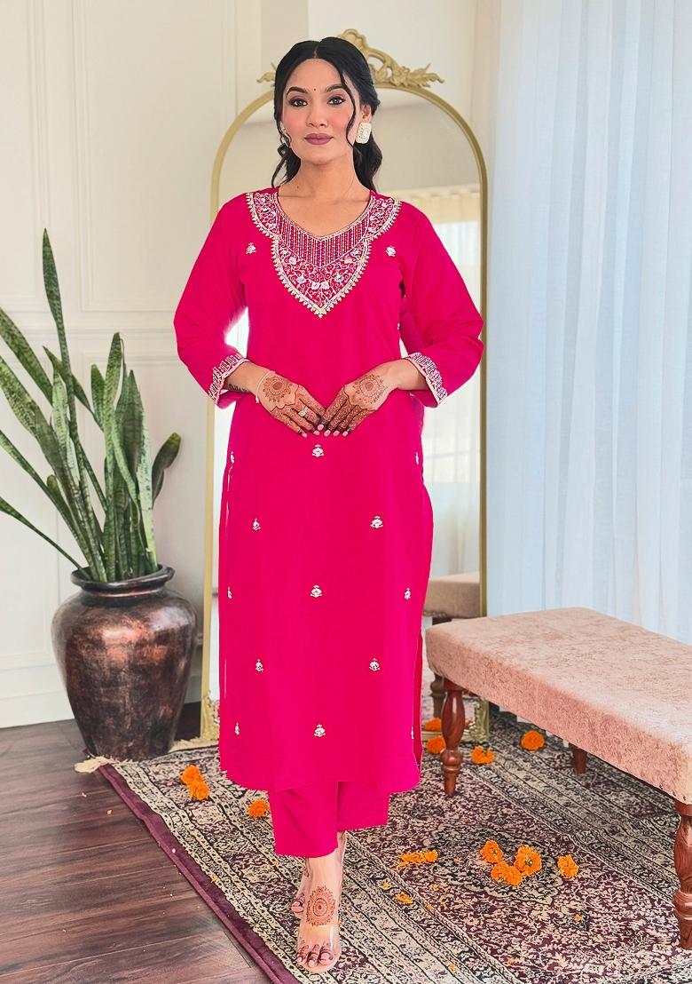 Red Embroidered Chanderi Salwar Kameez With Dupatta