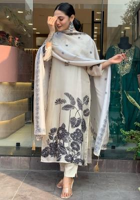 White Printed Chinon Salwar Kameez With Dupatta