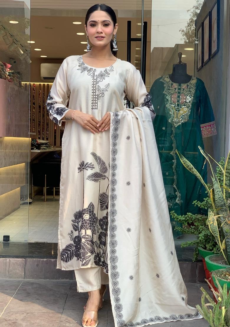 White Printed Chinon Salwar Kameez With Dupatta