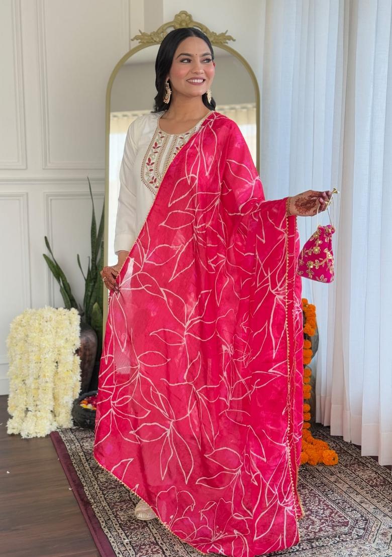 White Embroidered Chinon Salwar Kameez With Dupatta