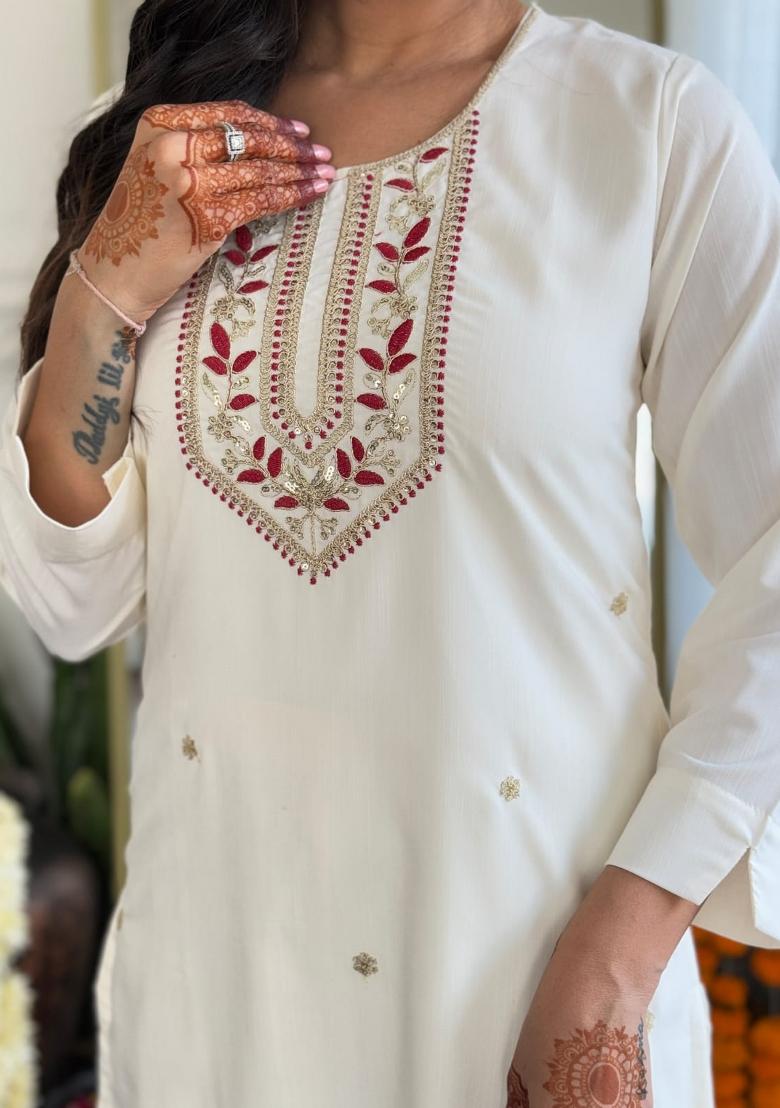 White Embroidered Chinon Salwar Kameez With Dupatta