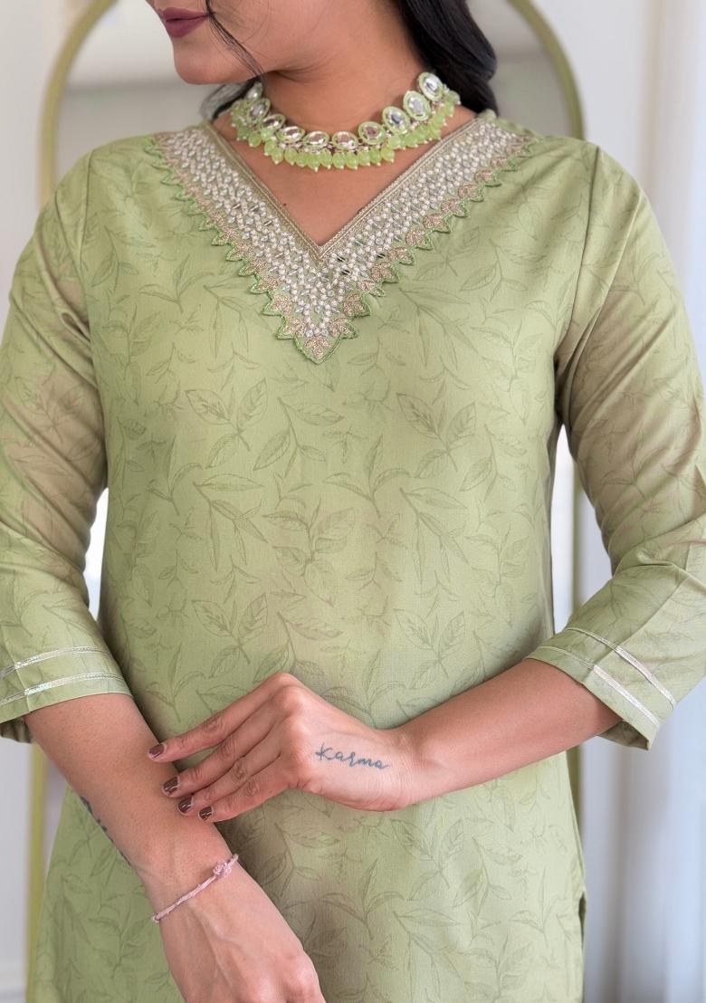 Pista Green Embroidered Chanderi Salwar Kameez With Dupatta