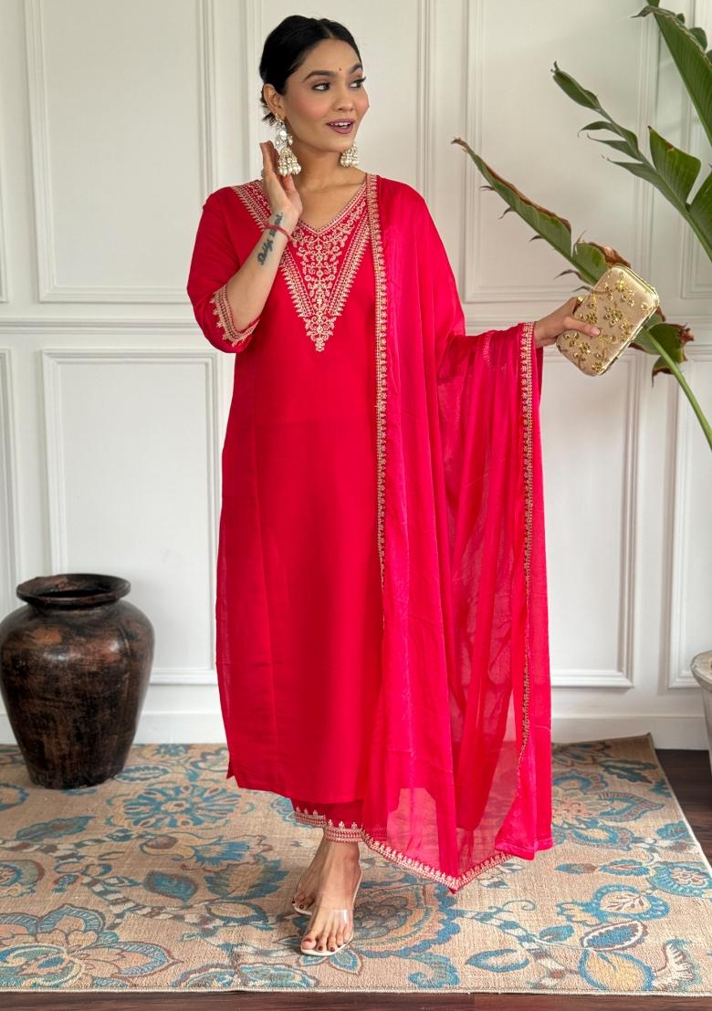 Red Embroidered Chinon Salwar Kameez With Dupatta