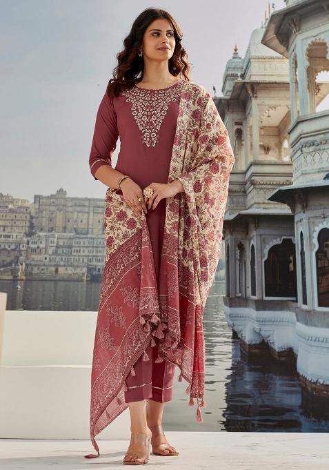 Brown Embroidered Chanderi Salwar Kameez With Dupatta