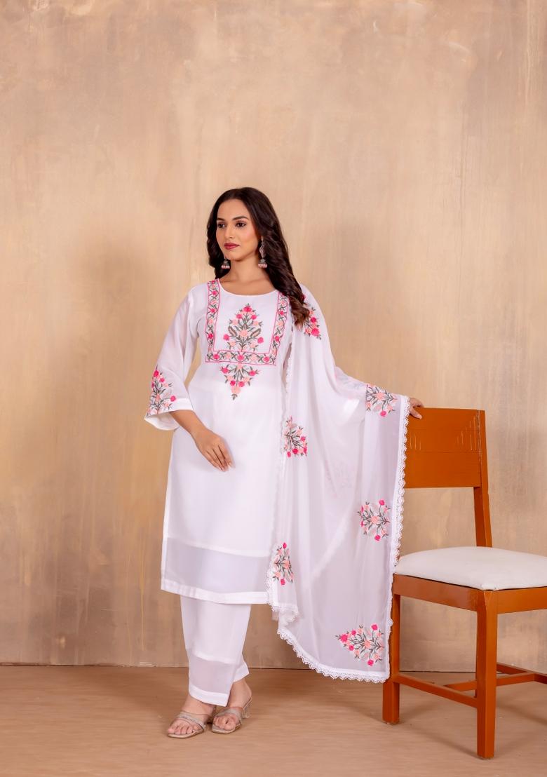 White Embroidered Georgette Salwar Kameez With Dupatta
