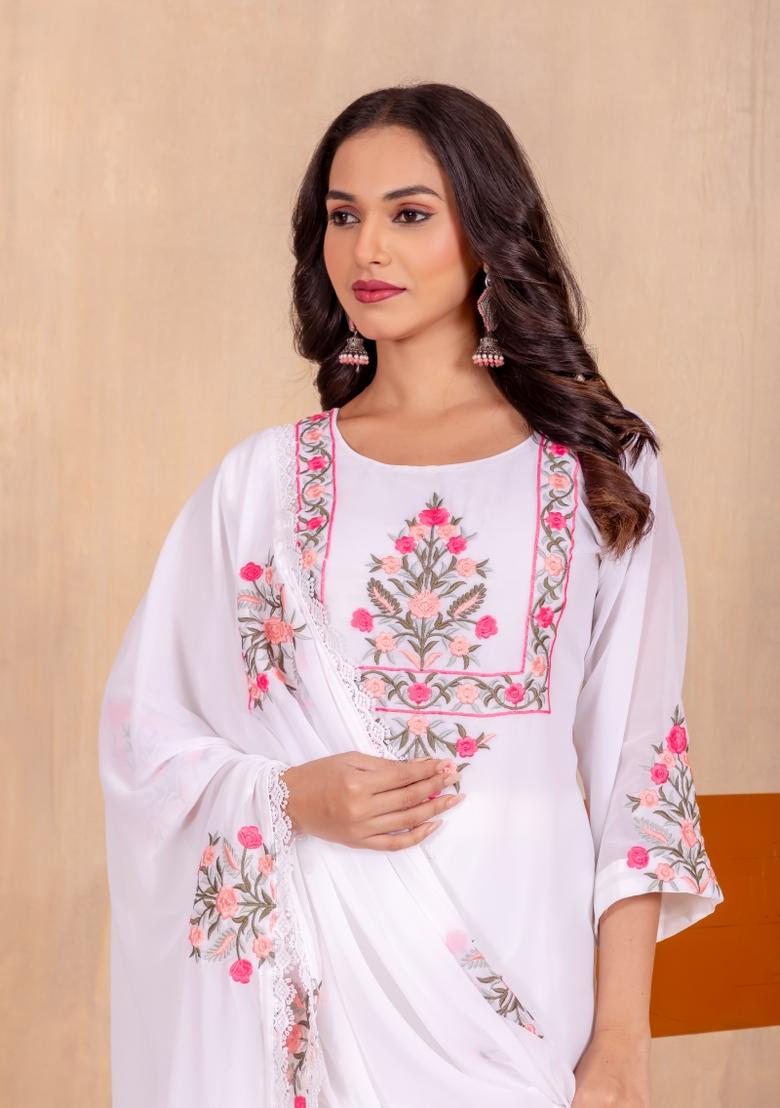 White Embroidered Georgette Salwar Kameez With Dupatta