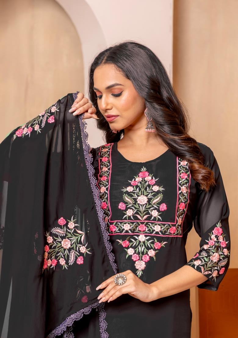 Black Embroidered Georgette Salwar Kameez With Dupatta