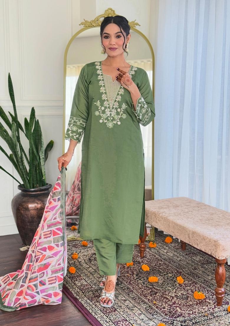 Pista Green Embroidered Chinon Salwar Kameez With Dupatta
