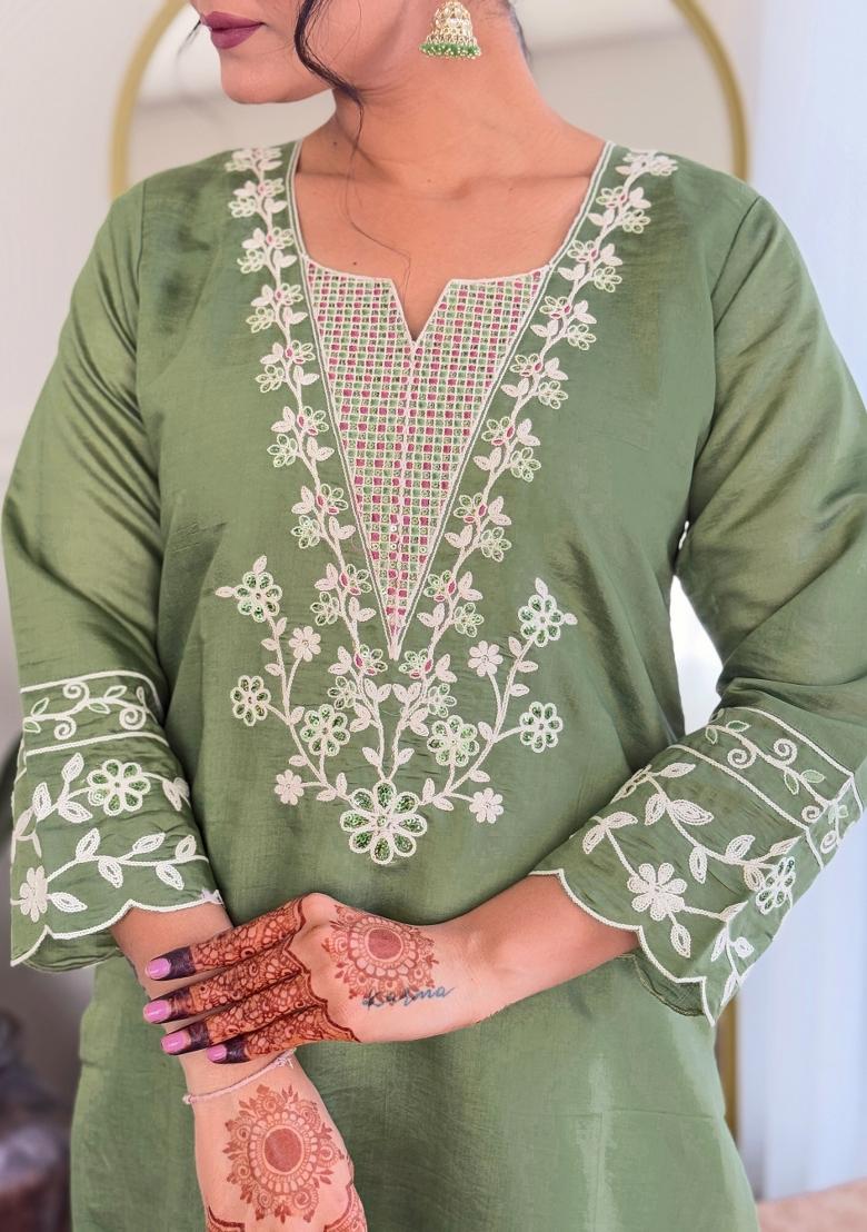 Pista Green Embroidered Chinon Salwar Kameez With Dupatta
