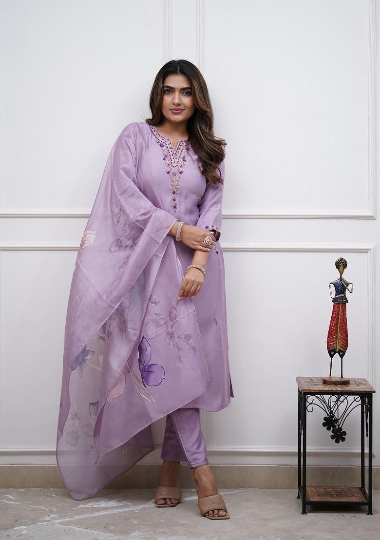 Purple Embroidered Chanderi Salwar Kameez With Dupatta