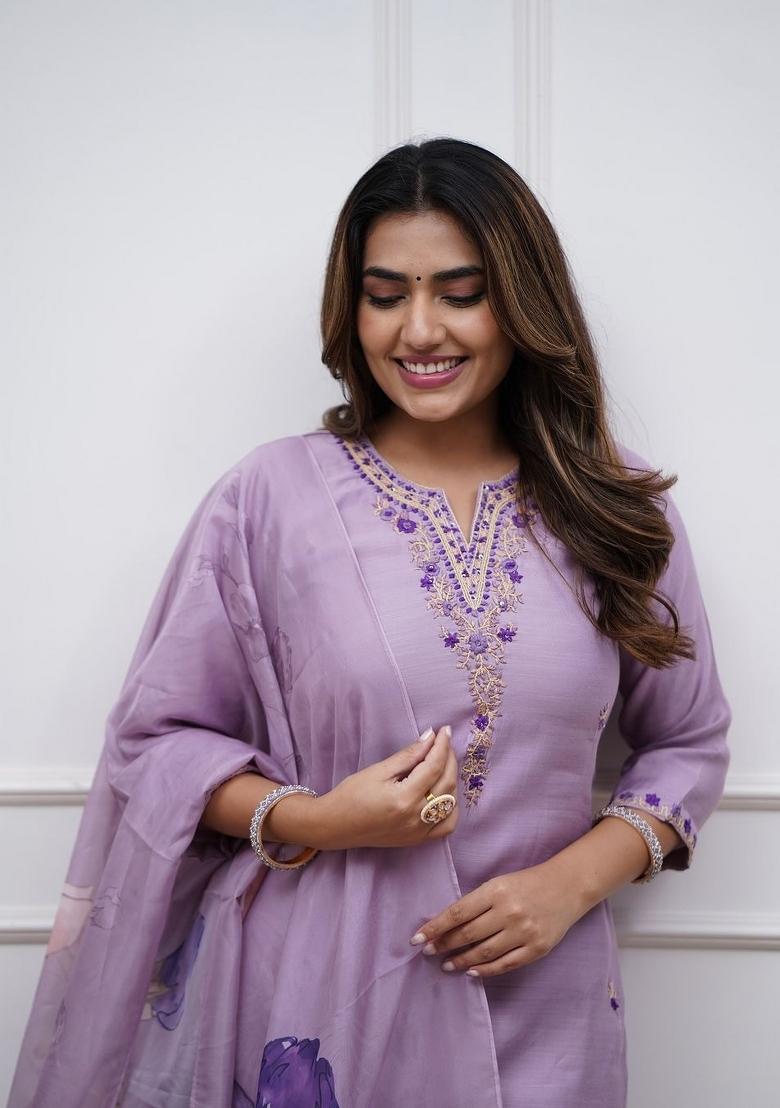 Purple Embroidered Chanderi Salwar Kameez With Dupatta